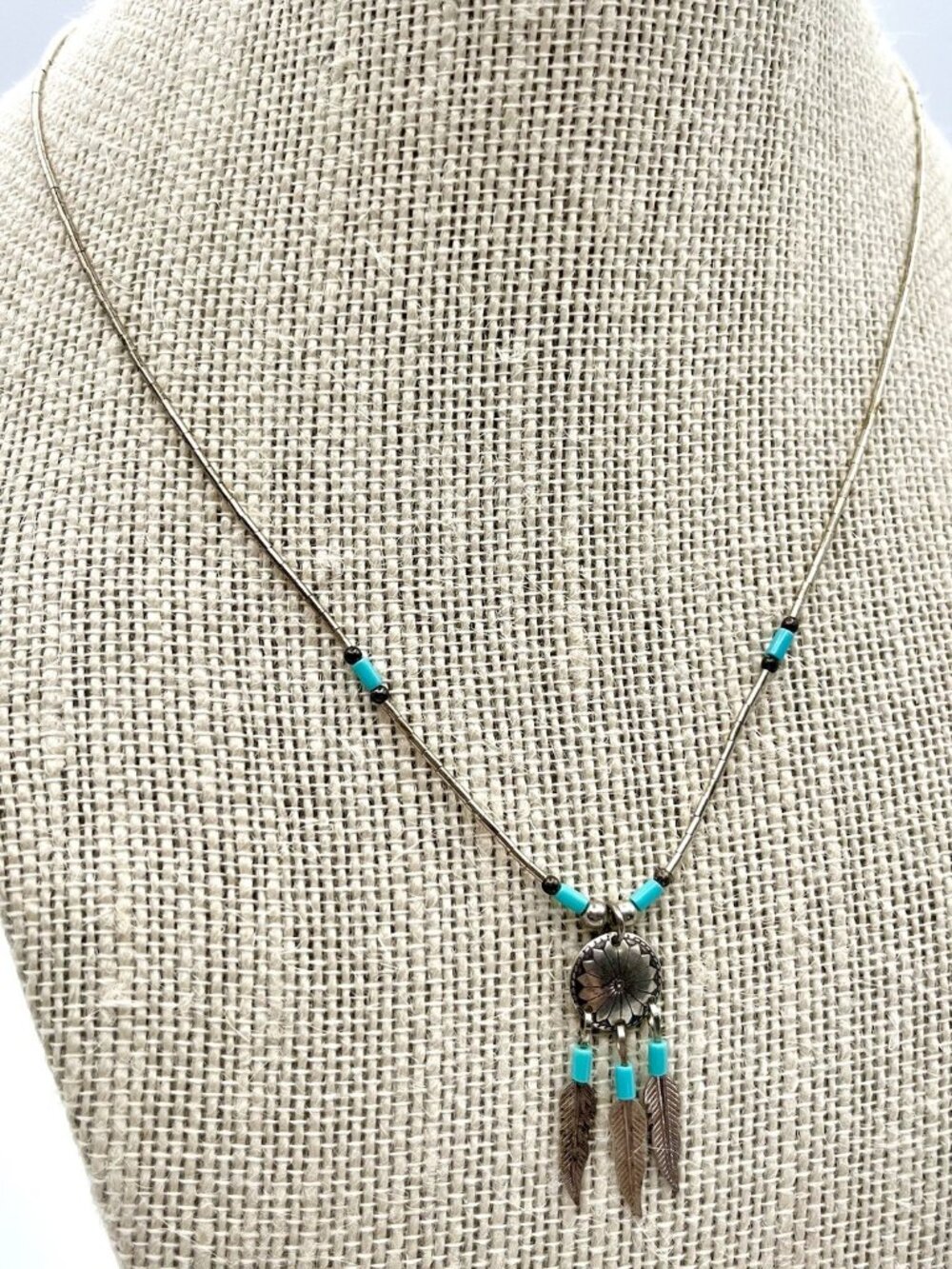 VTG Liquid Sterling Silver Dreamcatcher Necklace 925 USA Turquoise Beads Feather
